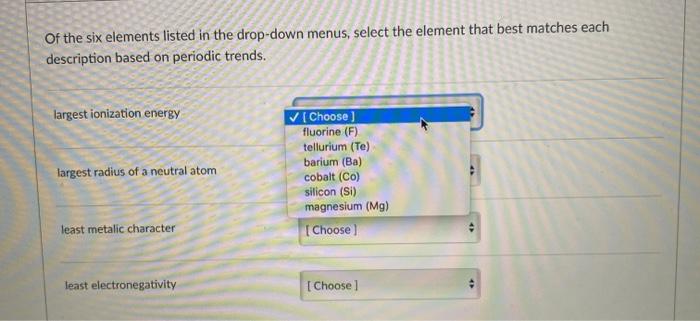 Solved Of the six elements listed in the drop-down menus, | Chegg.com