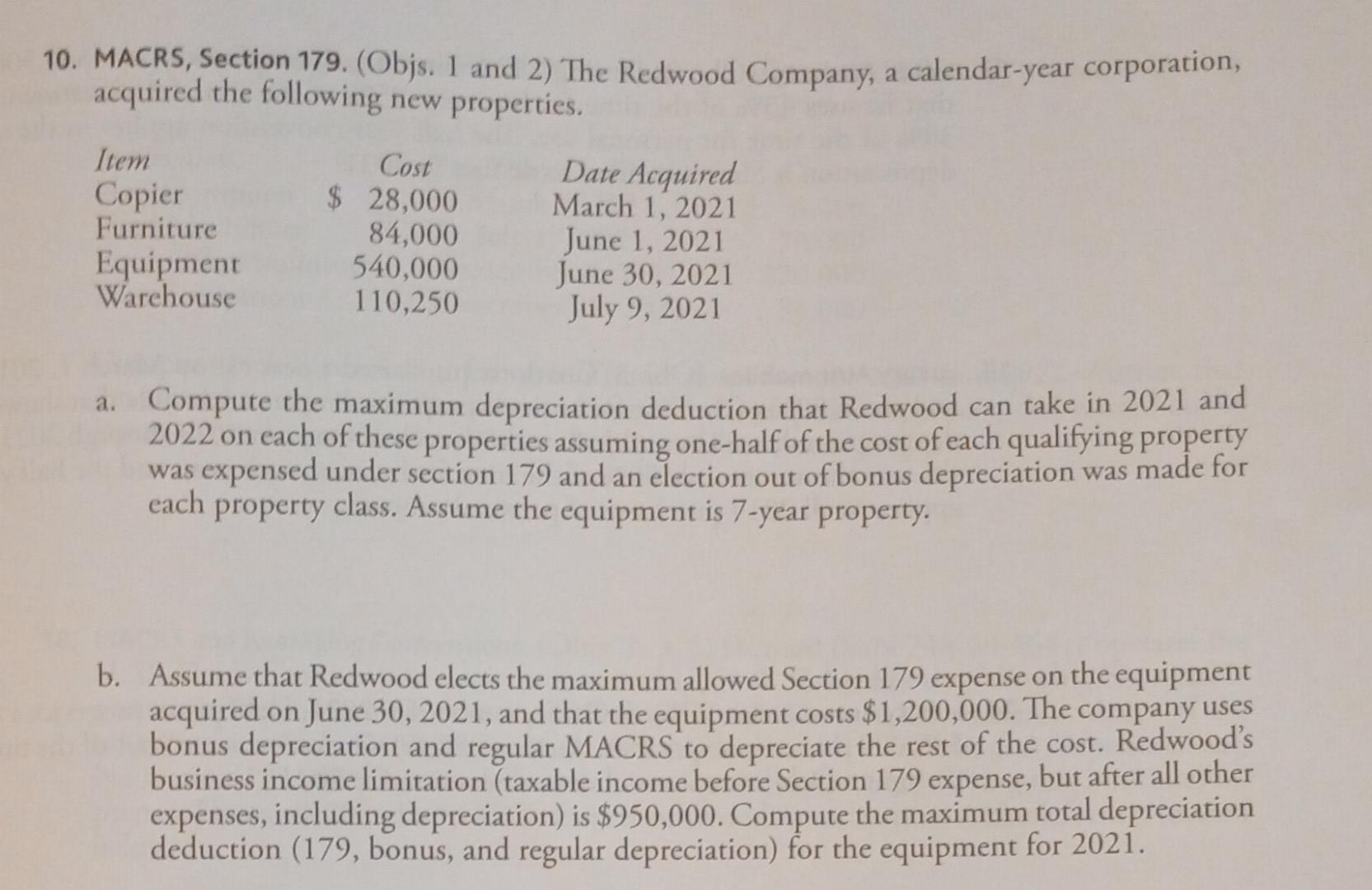 Solved 0. MACRS, Section 179. (Objs. 1 and 2) The Redwood
