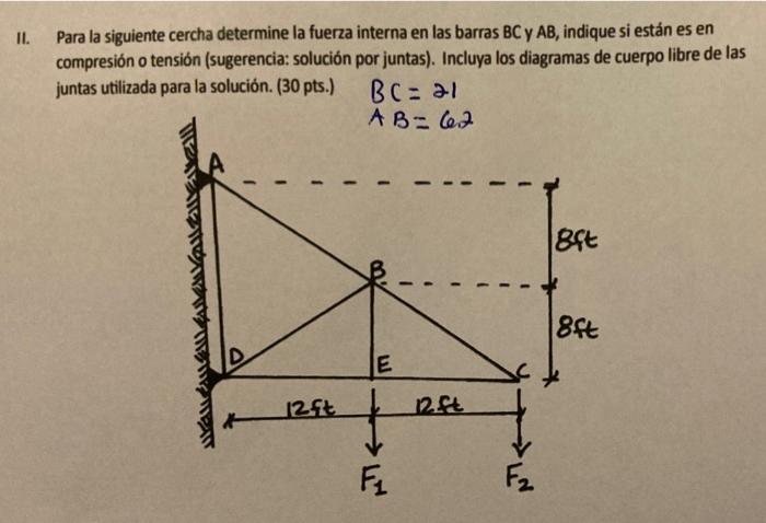 II. Para la siguiente cercha determine la fuerza interna en las barras BC y AB, indique si están es en compresión o tensión (