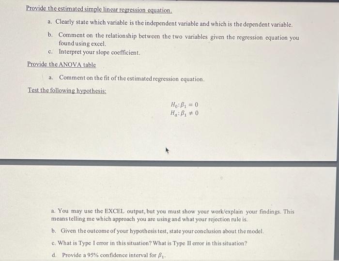 Solved Provide the estimated simple linear regression | Chegg.com