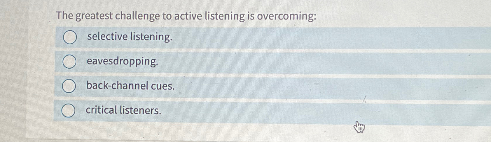 Solved The greatest challenge to active listening is | Chegg.com