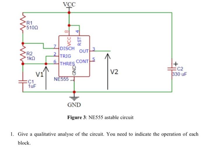 Solved Figure 3: NE555 astable circuit 1. Give a qualitative | Chegg.com