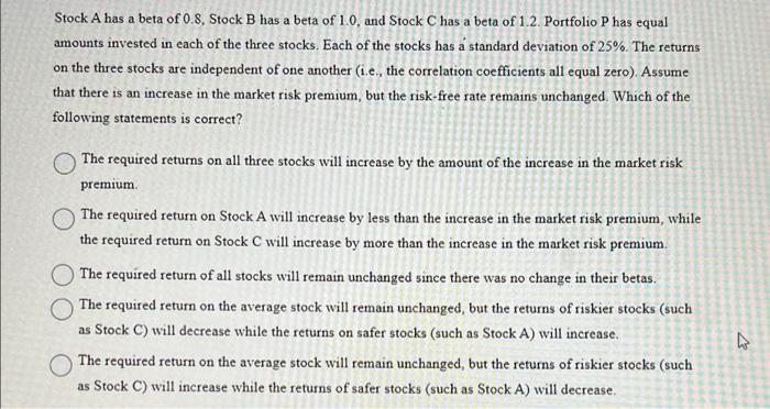 Solved Stock A Has A Beta Of 0.8, Stock B Has A Beta Of 1.0, | Chegg.com