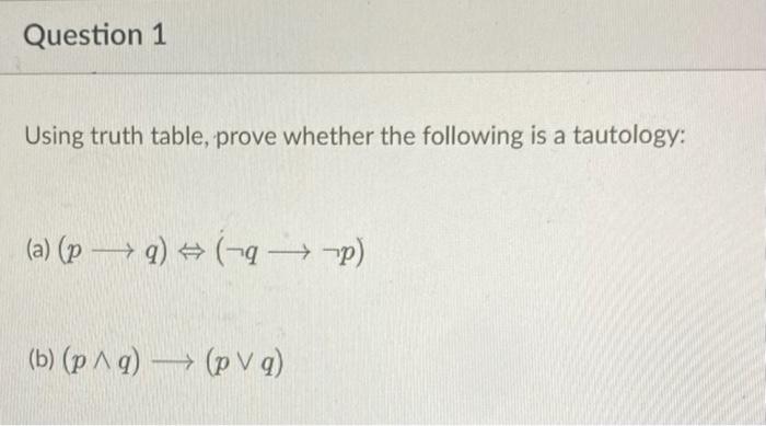 Solved Question 1 Using Truth Table, Prove Whether The | Chegg.com