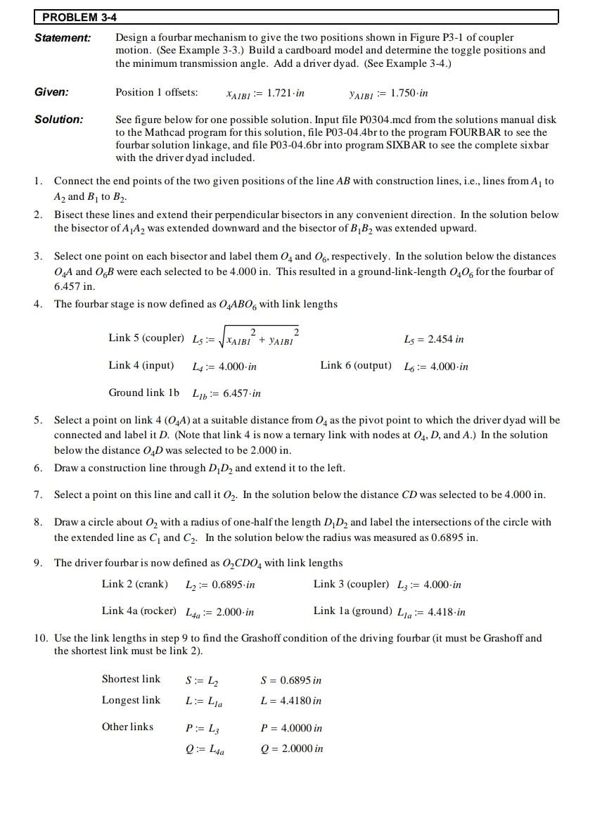 PROBLEM 3-4 Statement: Design a fourbar mechanism to | Chegg.com