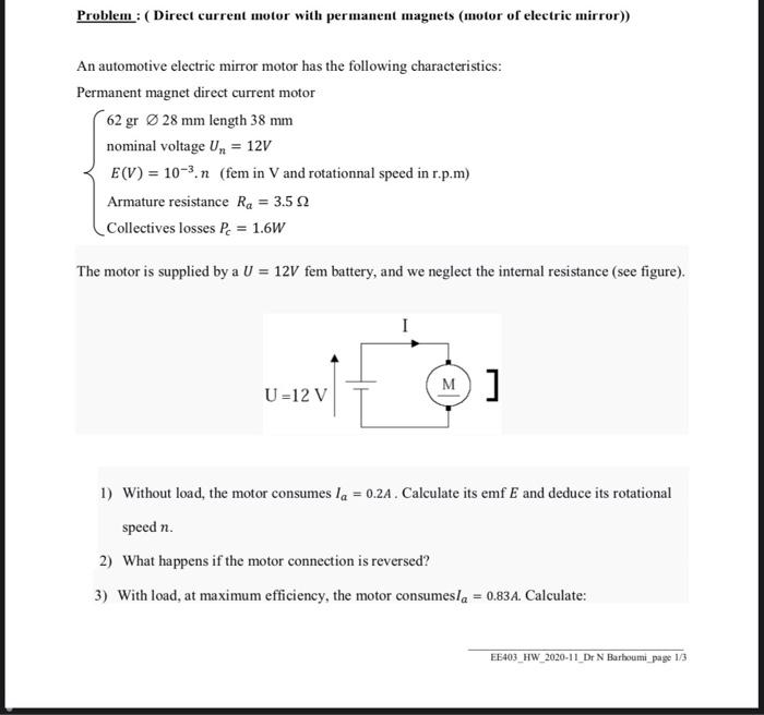 Problem Direct Current Motor With Permanent Mag Chegg Com