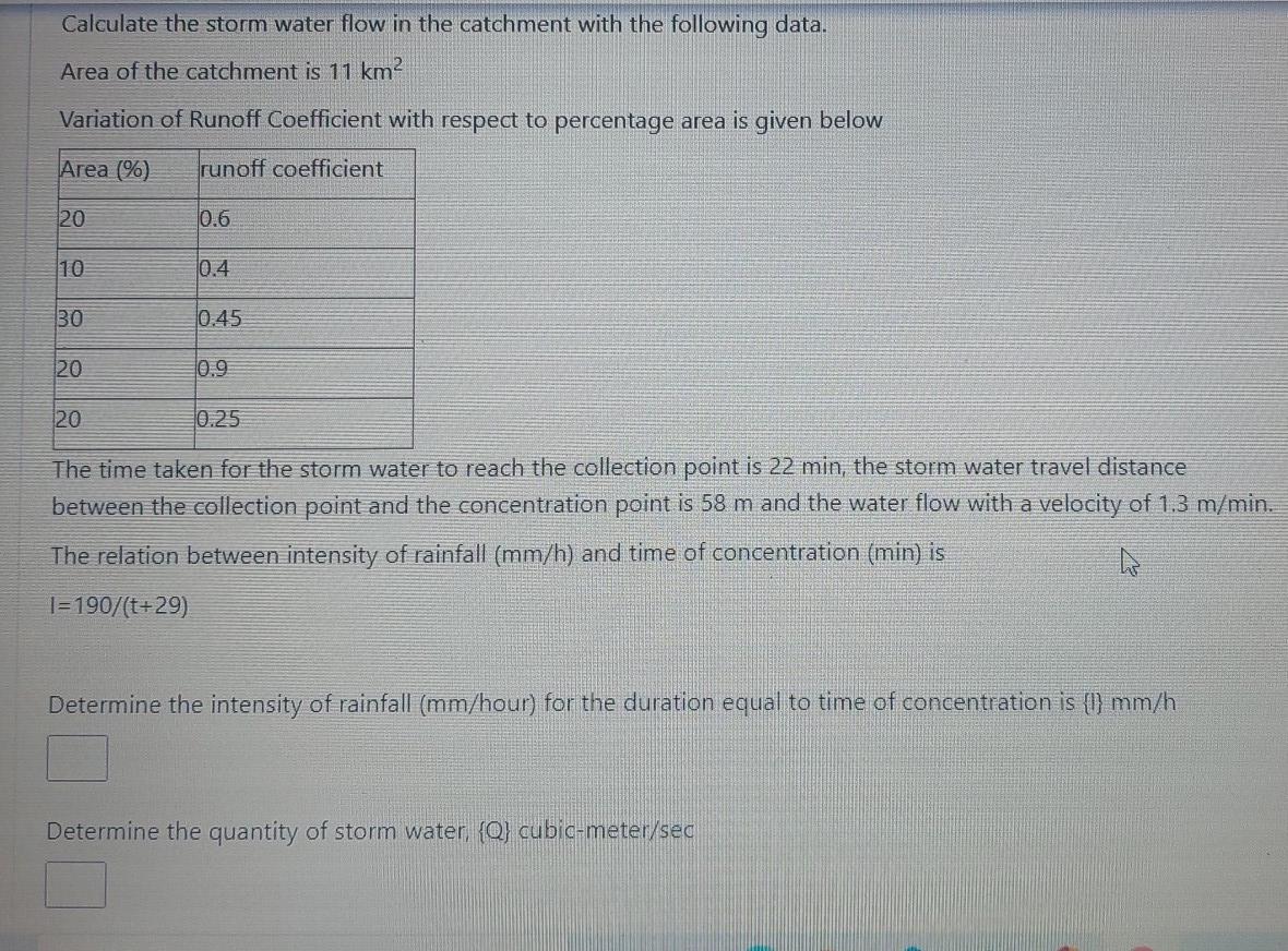 Solved Calculate the storm water flow in the catchment with | Chegg.com