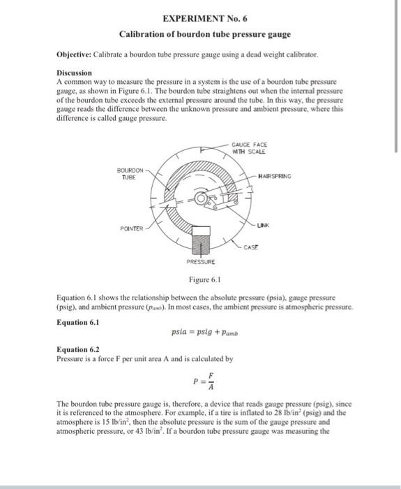 Solved EXPERIMENT No. 6 Calibration of bourdon tube pressure