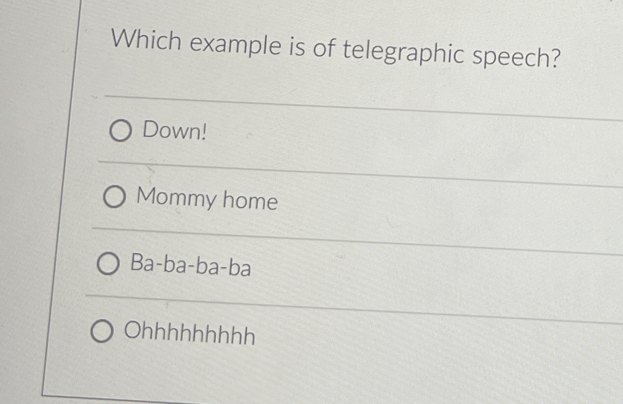 Solved Which example is of telegraphic speech?Down!Mommy