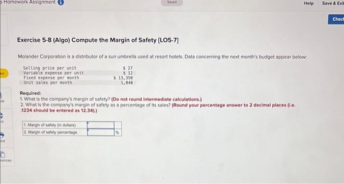 Solved Exercise 5-8 (Algo) Compute the Margin of Safety | Chegg.com