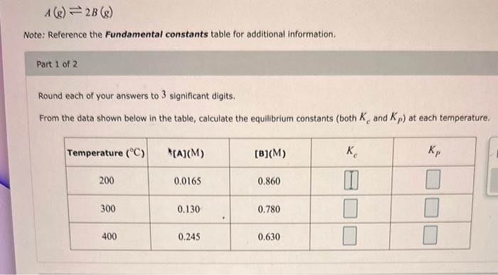 Solved A(g)⇌2B(g) Note: Reference the Fundamental constants | Chegg.com