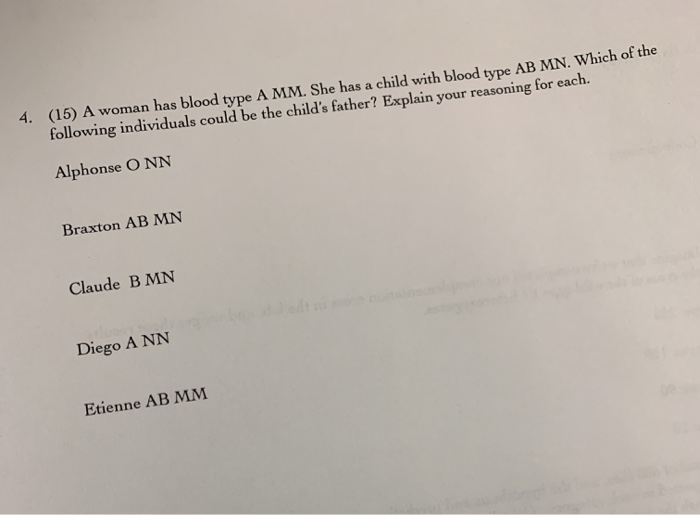Solved 4. (15) A woman has blood type A MM. She has a child | Chegg.com
