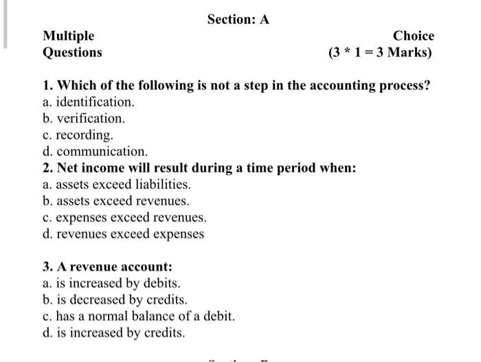 Solved Section: A Multiple Questions Choice (3 * 1 = 3 | Chegg.com