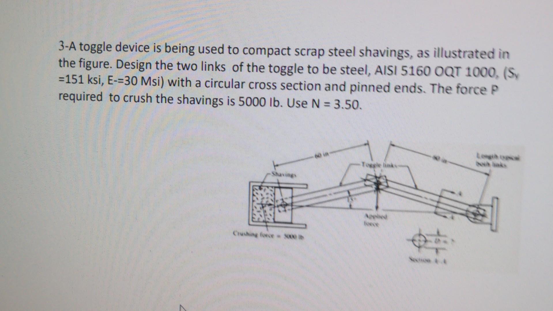 3-A toggle device is being used to compact scrap steel shavings, as illustrated in the figure. Design the two links of the to