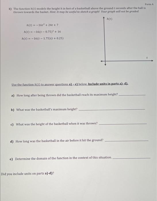 Solved 1) The function h(t) models the height h in feet of a | Chegg.com