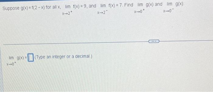 Solved Suppose g(x)=f(2−x) for all x,limx→2+f(x)=9, and | Chegg.com