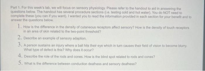 Solved Part 1. For this week's lab, we will focus on sensory | Chegg.com