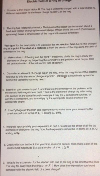 Solved Electric field of a ring Consider a thinning of | Chegg.com