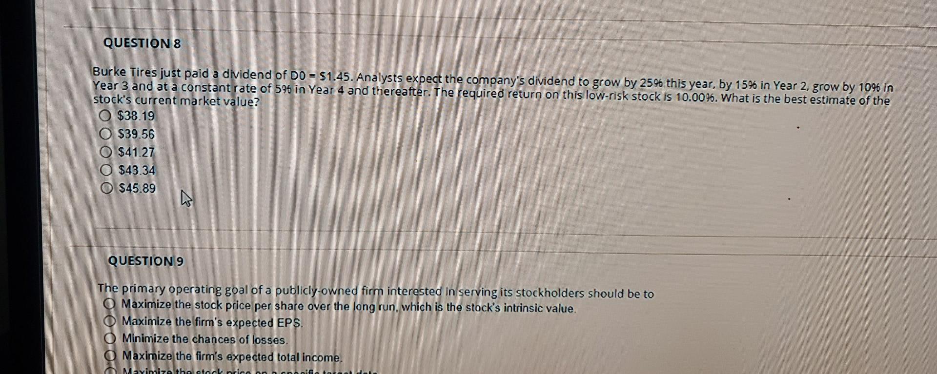 Solved QUESTION 8 Burke Tires just paid a dividend of D0 =