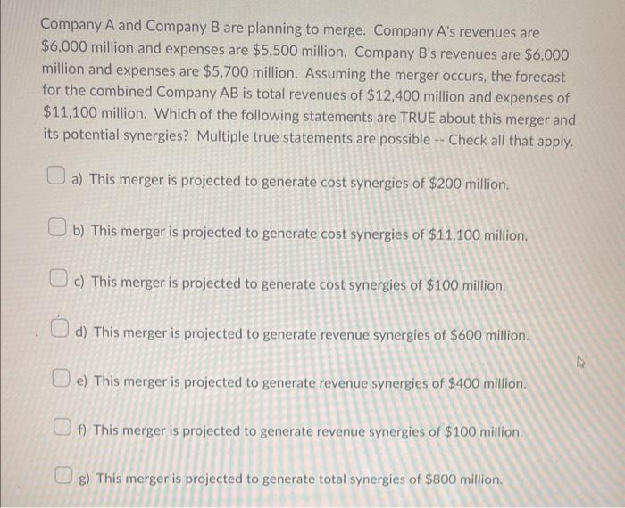 Solved Company A And Company B Are Planning To Merge. | Chegg.com