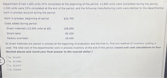 Solved Department G Had 1,800 Units 25% Completed At The | Chegg.com