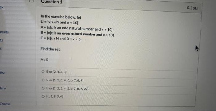 Solved In the exercise below, let U={x∣x | Chegg.com
