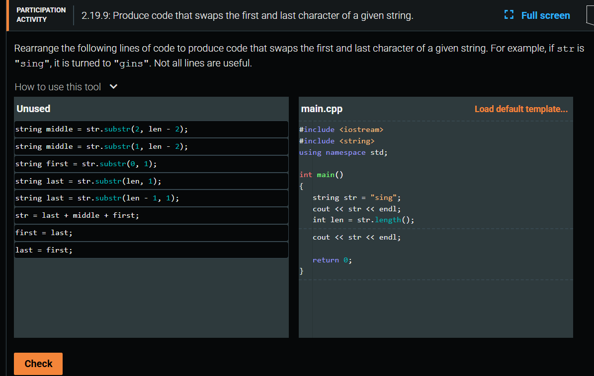 Solved 2.19.9: Produce code that swaps the first and last | Chegg.com