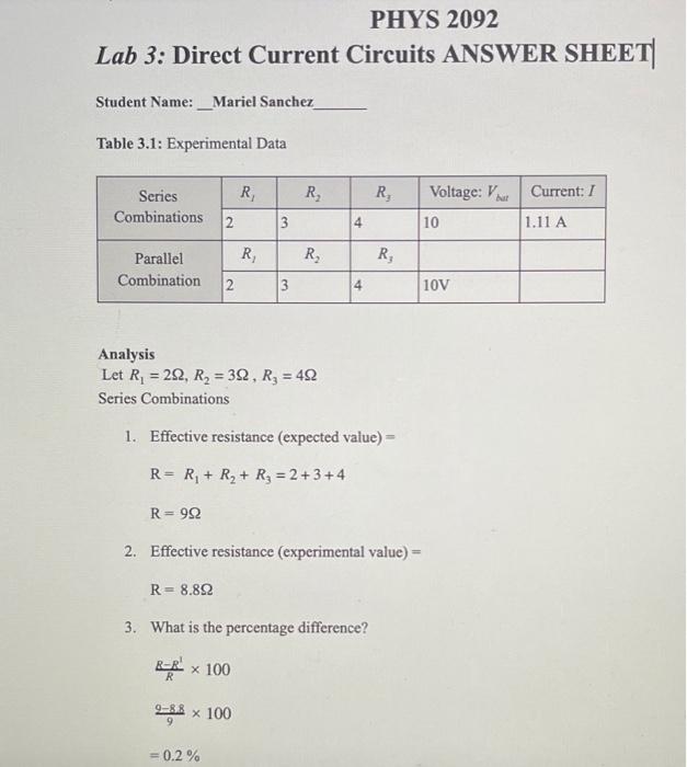 Solved PHYS 2092 Lab 3: Direct Current Circuits ANSWER SHEET | Chegg.com