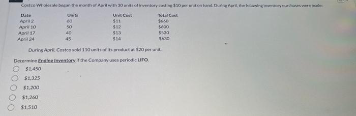 Solved During April, Costco sold 110 units of its product at | Chegg.com