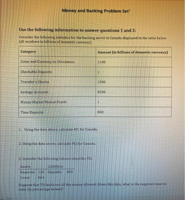 Solved Money and Banking Problem Set Use the following