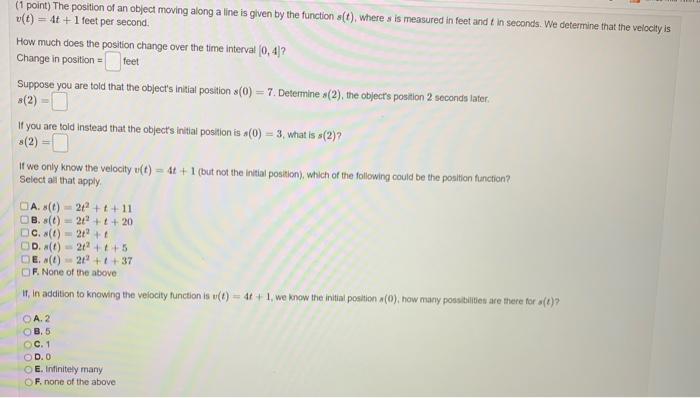 Solved (1 point) The position of an object moving along a | Chegg.com