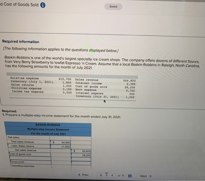 Solved Cost of Goods Sold 6 Saved Required information (The