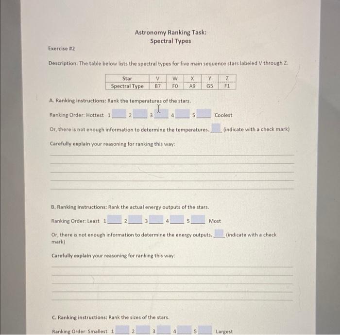 Solved Astronomy Ranking Task: Spectral Types Exercise #2 | Chegg.com