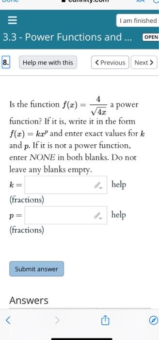 Solved = I Am Finished 3.3 - Power Functions And ... OPEN 8. | Chegg.com