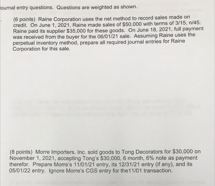 Solved Journal entry questions. Questions are weighted as | Chegg.com