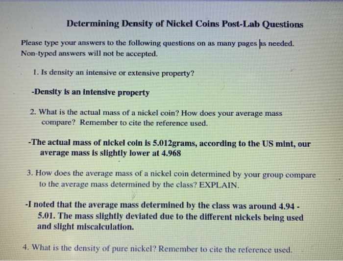 Determining Density of Nickel Coins PostLab