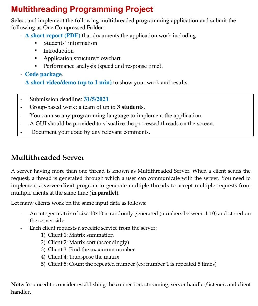 Solved Multithreading Programming Project Select and | Chegg.com