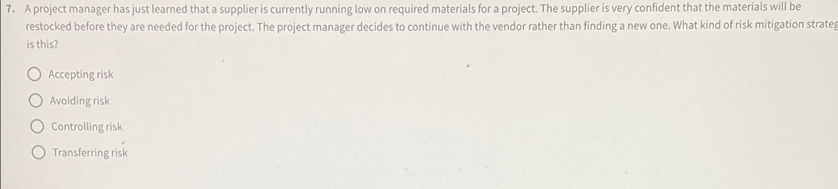 Solved A project manager has just learned that a supplier is | Chegg.com