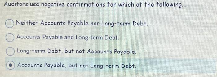 Solved Auditors use negative confirmations for which of the | Chegg.com