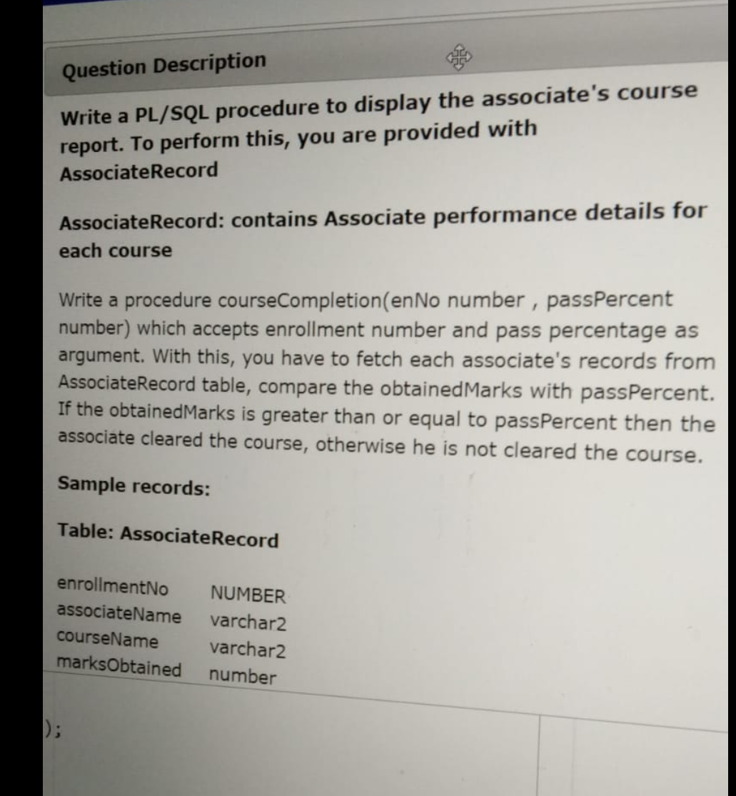 Solved Question Description Write a PL/SQL procedure to | Chegg.com