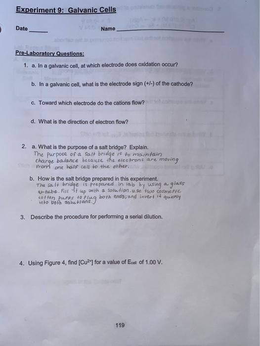 Solved Experiment 9: Galvanic Cells Date Name Pre-Laboratory | Chegg.com