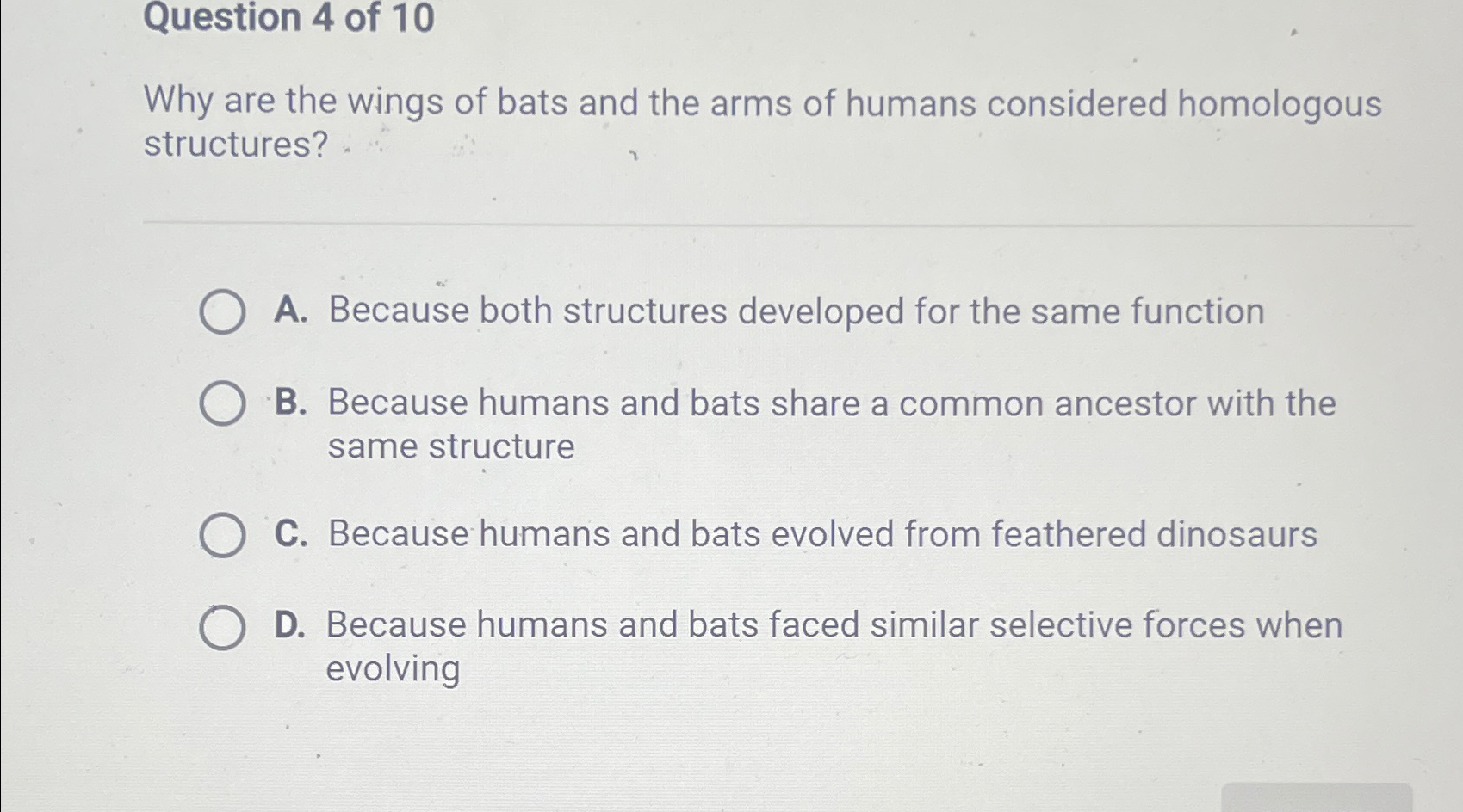 Solved Question 4 ﻿of 10Why are the wings of bats and the | Chegg.com