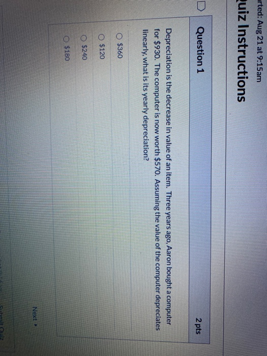 Solved arted: Aug 21 at 9:15am uiz Instructions Question 1 2 | Chegg.com
