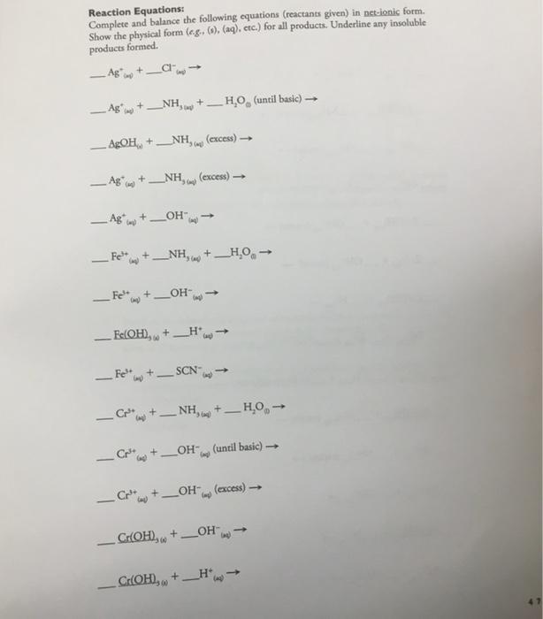 Solved Reaction Equations: Complete And Balance The 