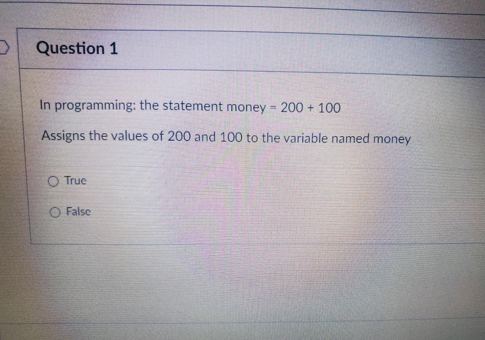 Solved Question 1 In programming: the statement money = 200 | Chegg.com