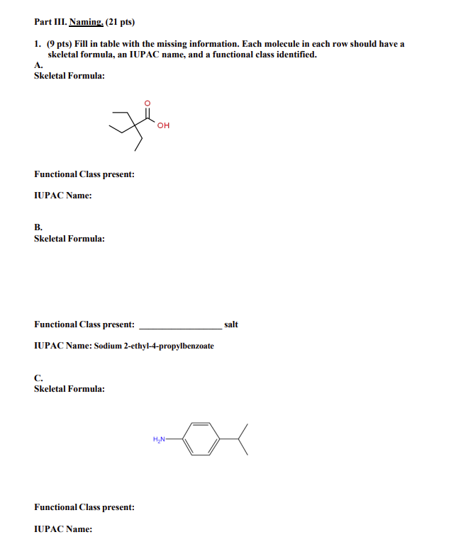 Part III. Naming. 21 pts 9pts Fill in table with Chegg