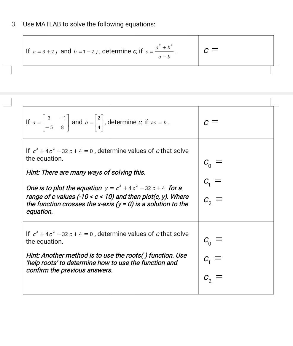 Solved 3. Use MATLAB To Solve The Following Equations: | Chegg.com