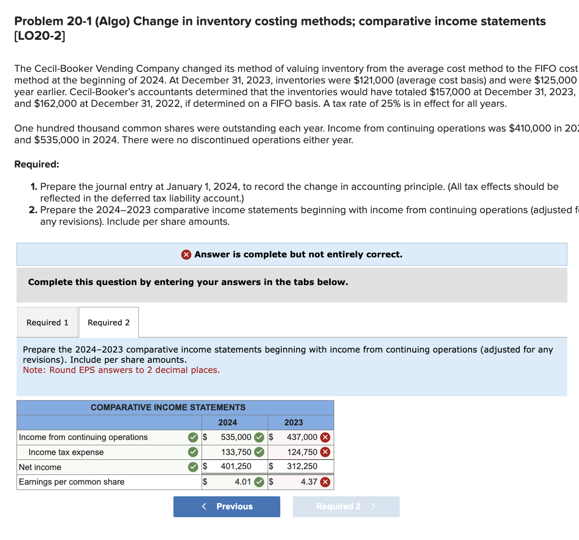 Solved Problem 20-1 (Algo) ﻿Change in inventory costing | Chegg.com