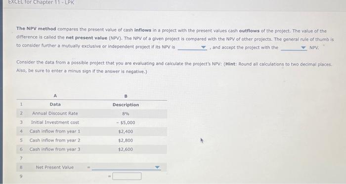Solved The NPV method compares the present value of cash | Chegg.com