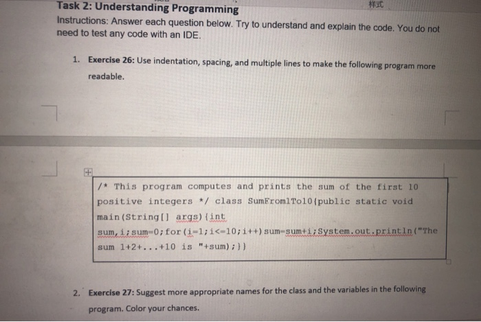 Solved It Task 2: Understanding Programming Instructions: | Chegg.com